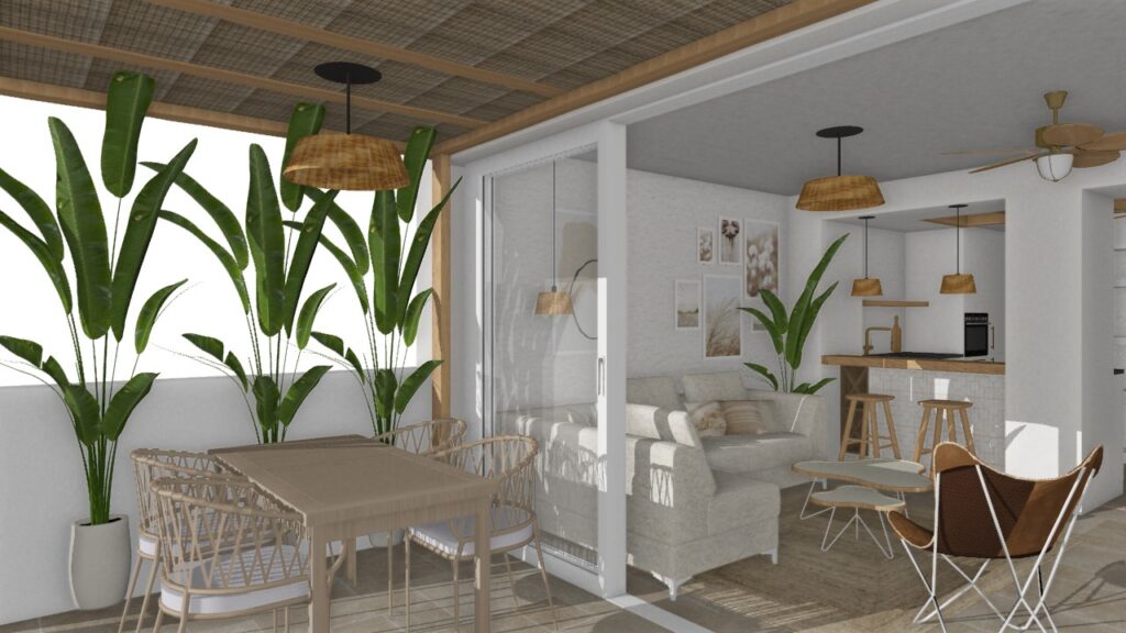 architectural and interior design of modern kitchen on the Andalusian house with furnitures and plants